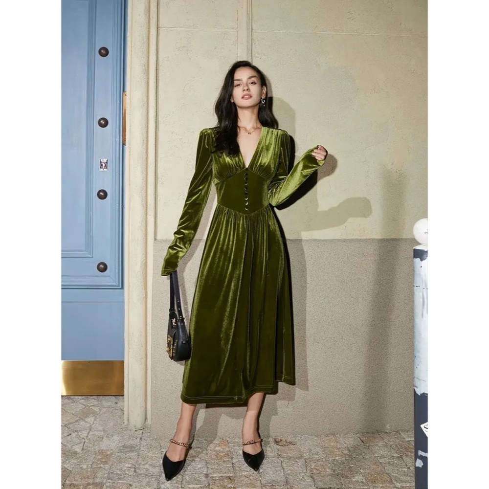 Women's High Waist Vintage Inspired Olive Green Dress Velour Maxi Dress